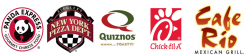 Logos of our lunch vendors: Panda Express, NYPD Pizza, Quiznos, Chick-fil-A and Cafe Rio